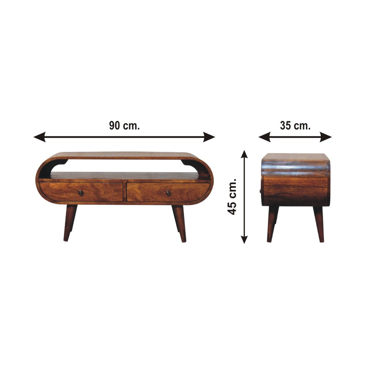 Szafka RTV z litego drewna mango – kasztanowa, 90 cm — model IN3608 - wymiary