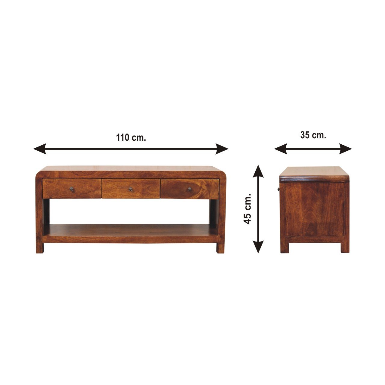Szafka RTV z litego drewna mango – kasztanowa, 110 cm — model IN3675 - wymiary
