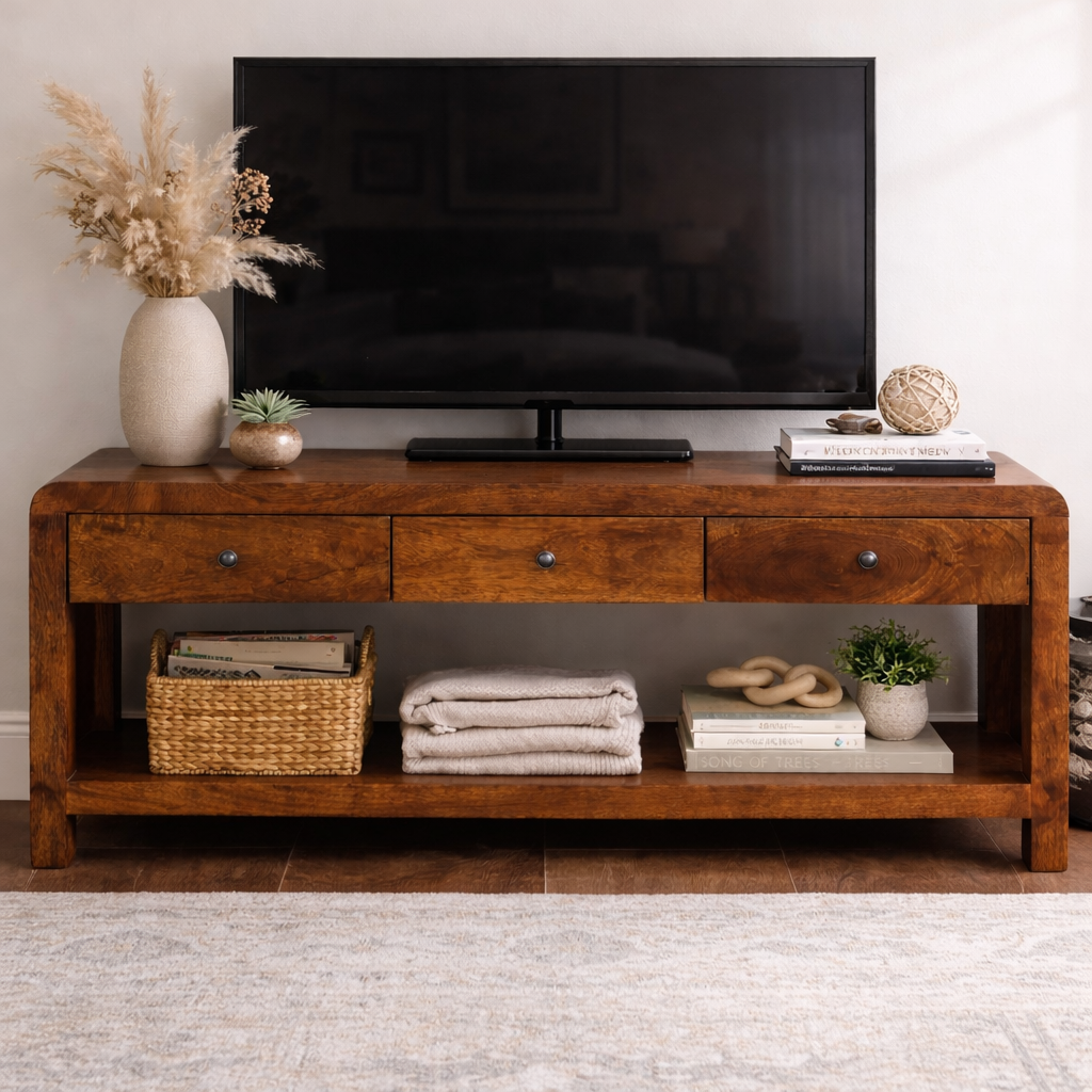 Szafka RTV z litego drewna mango – kasztanowa, 110 cm — model IN3675 - aranzacja wnetrza