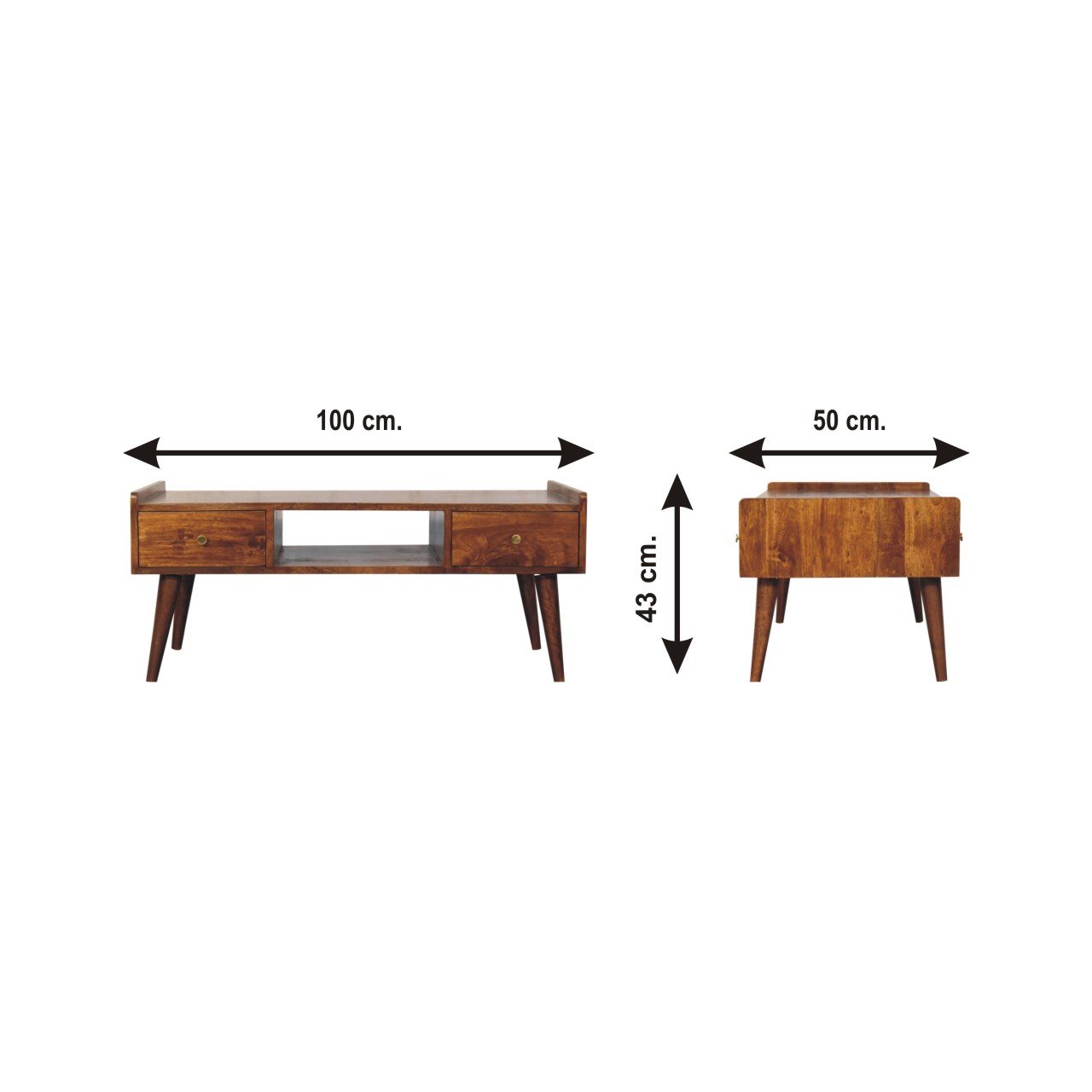 Szafka RTV z litego drewna mango – kasztanowa, 100 cm — model IN3697 - wymiary