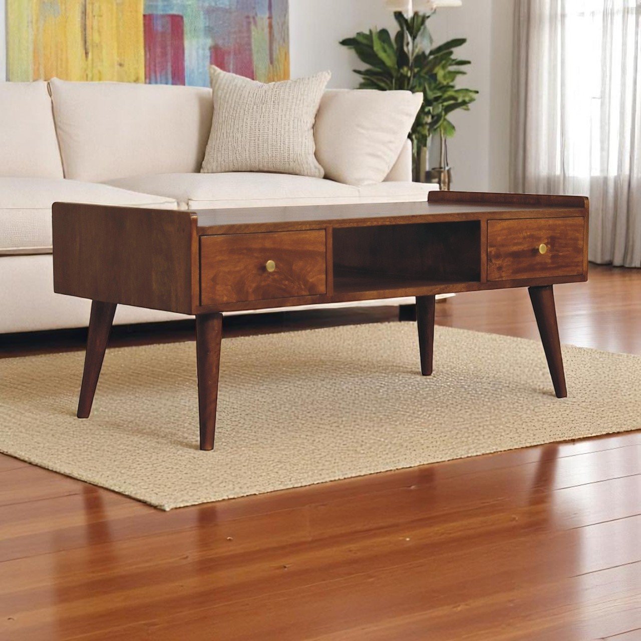 Szafka RTV z litego drewna mango – kasztanowa, 100 cm — model IN3697 - aranzacja wnetrza