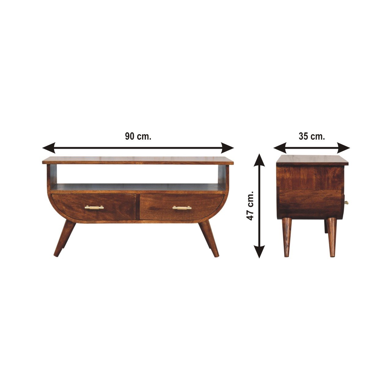 Szafka RTV z litego drewna mango – kasztanowa, 90 cm — model IN3728 - wymiary