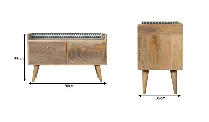 Szafka RTV z litego drewna mango – dębowa, 90 cm — model IN983 - wymiary