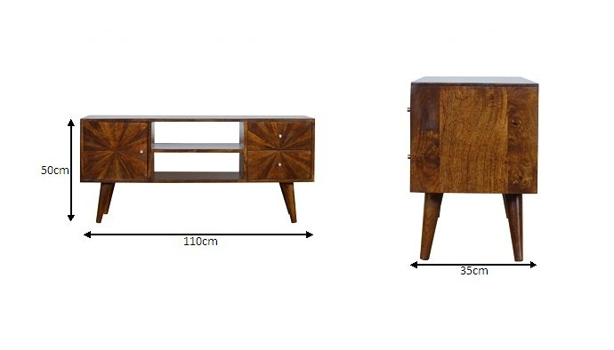 Szafka RTV z litego drewna mango – kasztanowa, 110 cm — model IN998 - wymiary