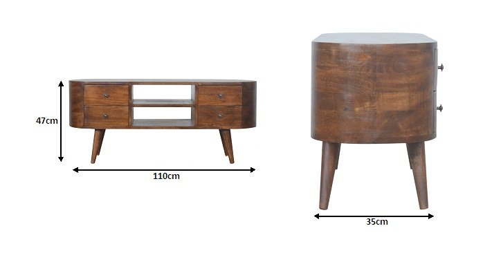 Szafka RTV z litego drewna mango – kasztanowa, 110 cm — model IN894 - wymiary